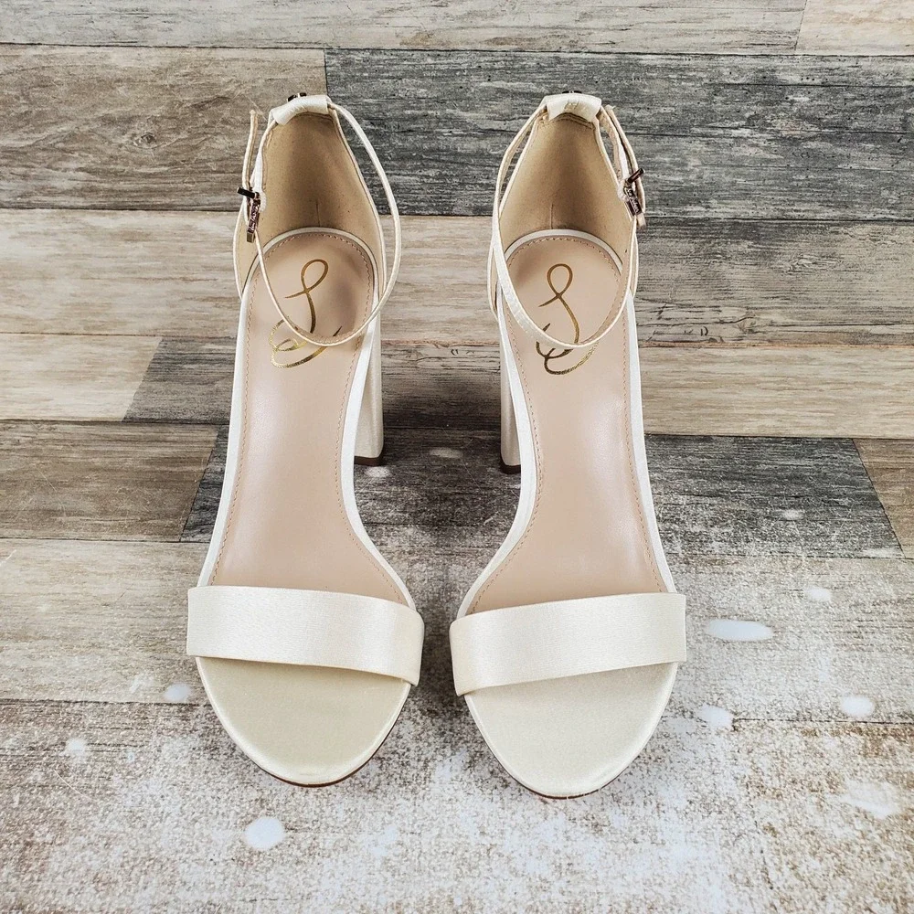 Sam Edelman Yaro Womens Sandal Sz 8.5 W Block Heel Pearl Ivory Satin Ankle Strap